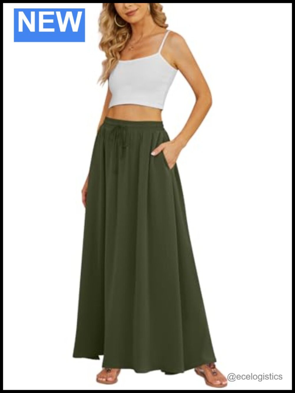 Flowy Chiffon High Waist Maxi Skirt with Pockets Casual (Army Green)